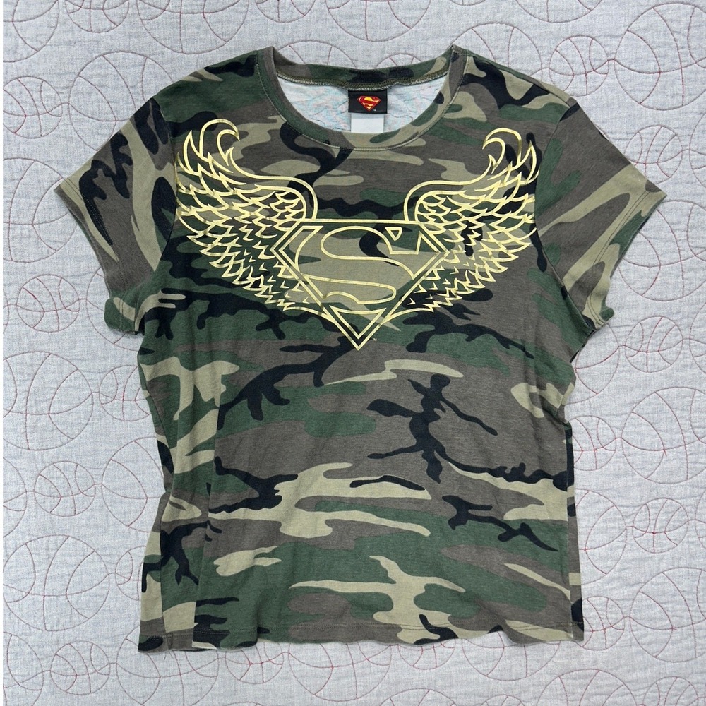 Jerry Leigh Superman T-Shirt Green Camo Gold Foil Logo / Women's 2X